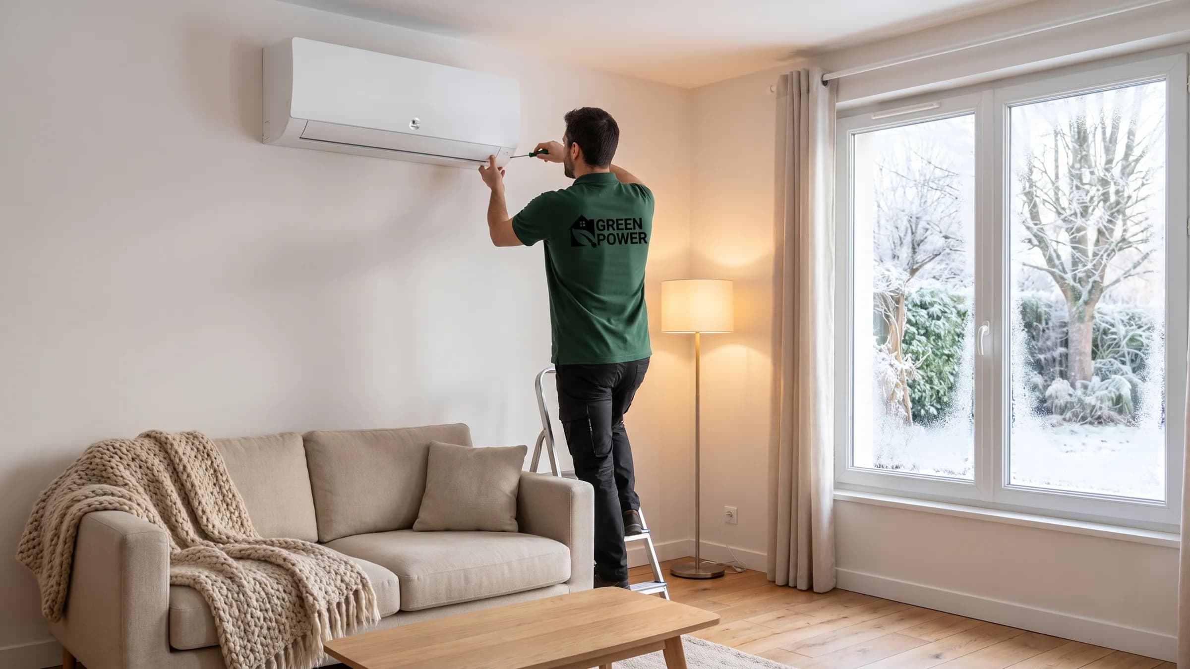 Technicien Greenpower finissant la pose d’une unité murale blanche de pompe à chaleur air-air dans un salon, un matin d’hiver — visuel d’illustration