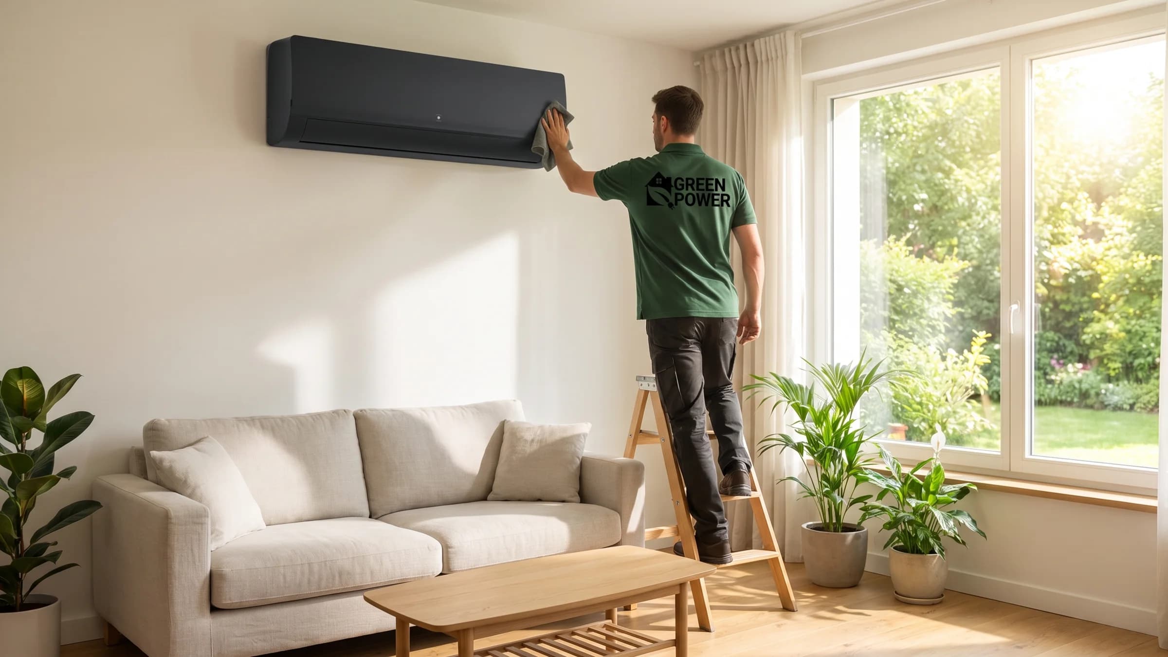 Technicien Greenpower nettoyant une unité murale noire de climatisation réversible dans un salon, un après-midi d’été — visuel d’illustration