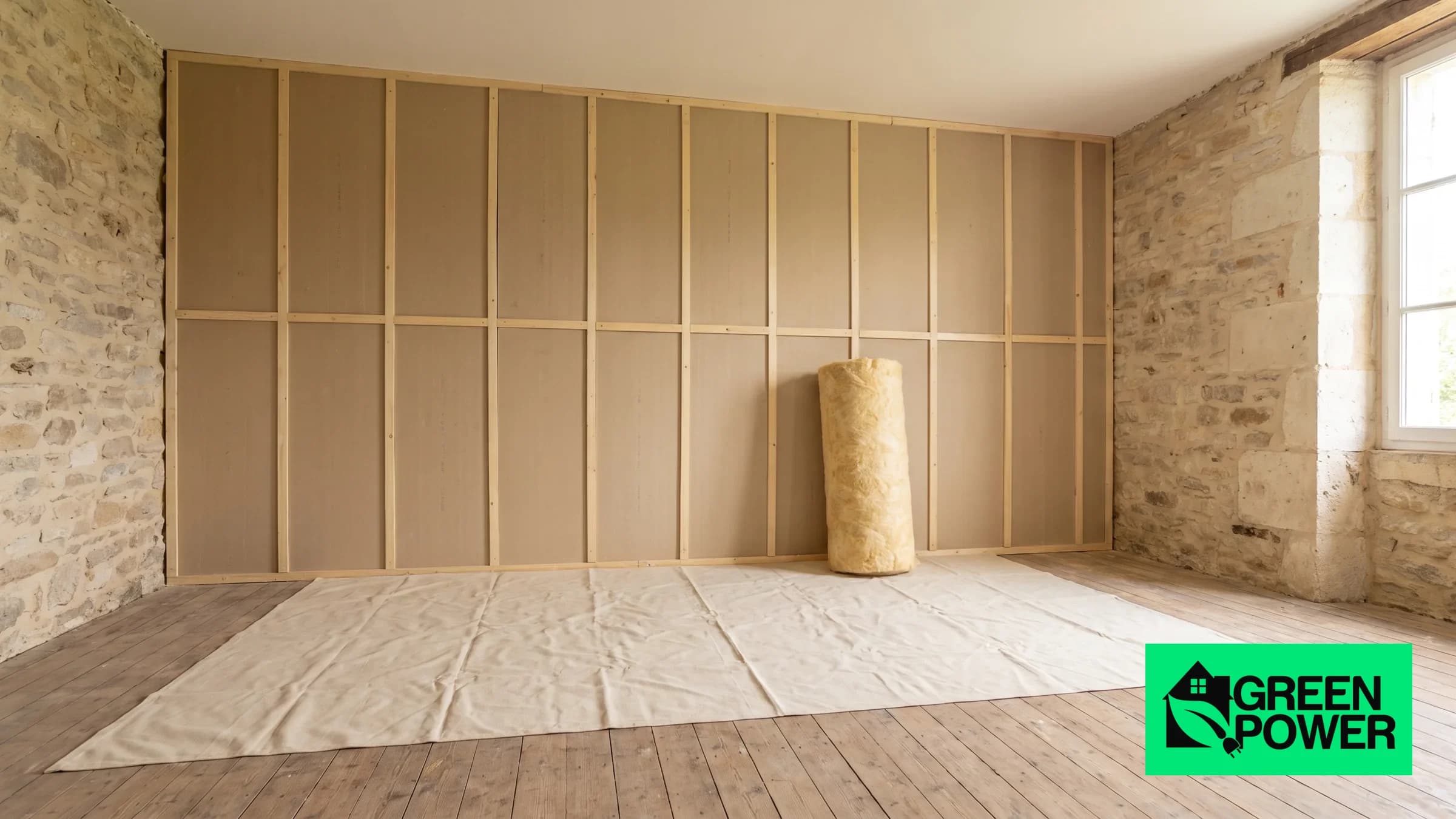Pièce en cours d’isolation par l’intérieur : panneaux posés sur ossature bois et rouleau de laine minérale — visuel d’illustration