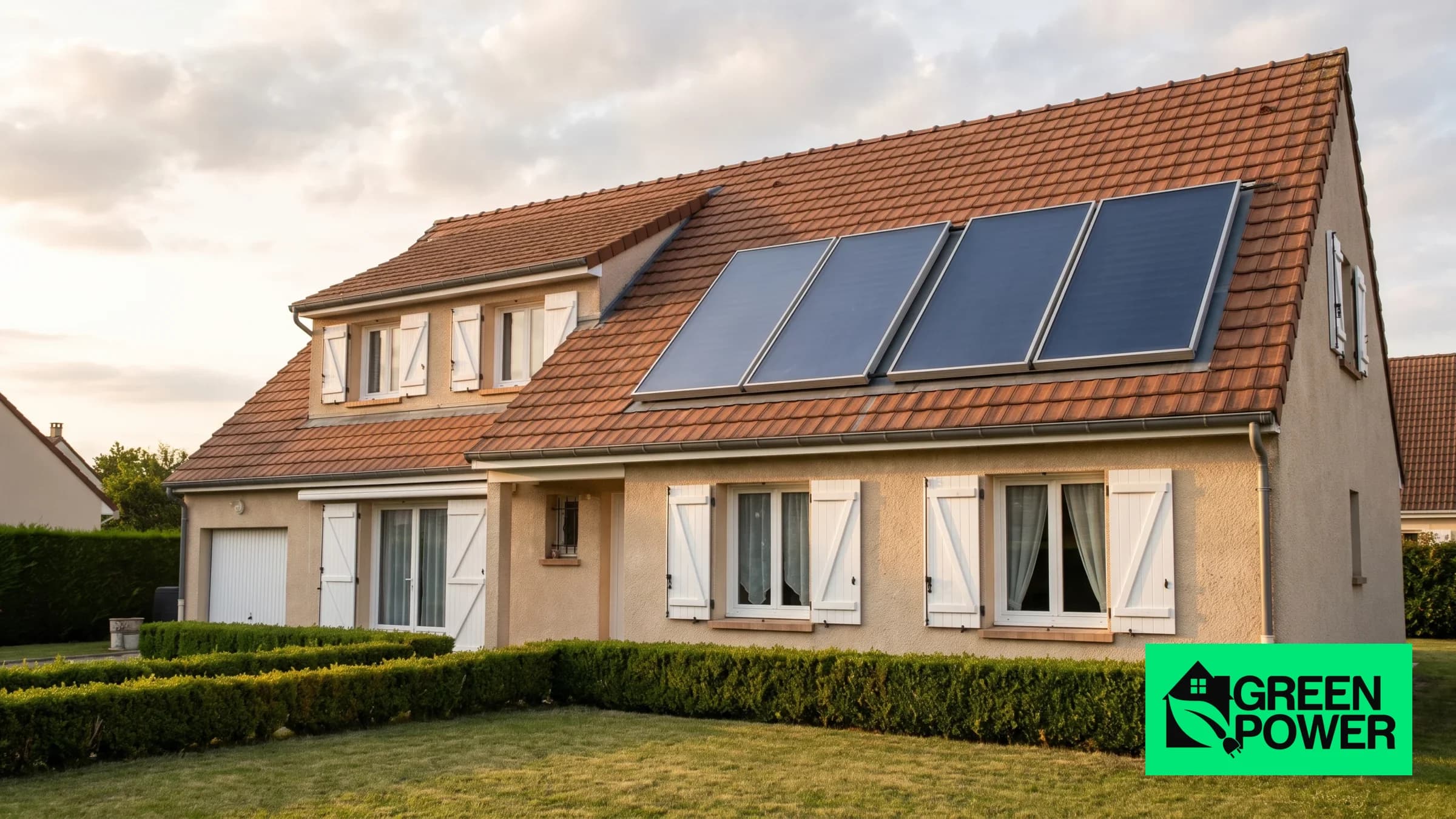 Deux capteurs solaires thermiques plans vitrés sur la toiture en tuiles d’une maison — visuel d’illustration
